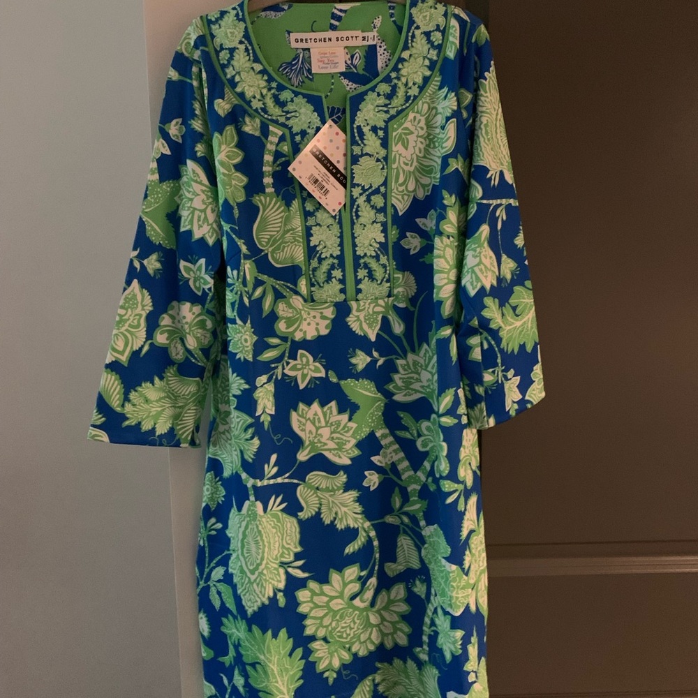 Gretchen Scott Jersey Split Neck Dress in Blue/Green